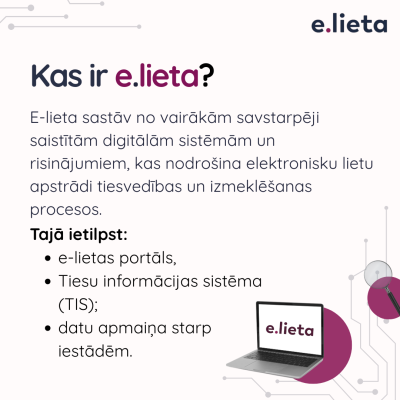 Kas ir e-lieta? E-lieta sastāv no vairākām savstarpēji saistītām digitālajām sistēmām un risinājumiem, kas nodrošina elektronisku lietu apstrādi. Tajā ietilpst: Iestāžu biznesa informācijas sistēmas (TIS, ProIS, PLUS, IIS*); E-lietas platforma; E-lietas portāls www.elieta.lv (*TIS: Tiesu informatīvā sistēma *ProIS: Prokuratūras informācijas sistēma *IIS: Ieslodzījuma vietu pārvaldes Ieslodzīto informācijas sistēma *PLUS: Probācijas klientu uzskaites sistēma)