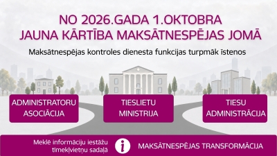 Attēlā attēlots ka Maksātnespējas kontroles dienesta funkcijas pārņems Tieslietu ministrija, Tiesu administrācija un Administratoru asociācija