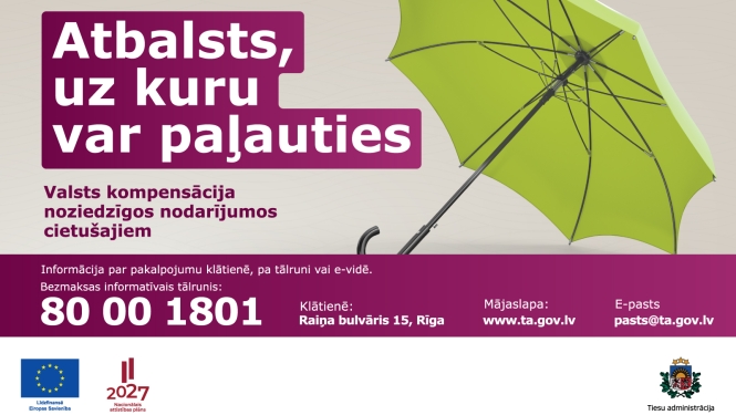 Attēlā redzams zaļš lietussargs, teksts - atbalsts, uz kuru var paļauties