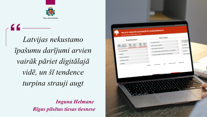 Attēlā redzams datora ekrāns ar atvēru elektronisko zemesgrāmatu un tienseses komentārs"Latvijas nekustamo īpašumu darījumi arvien vairāk pāriet digitālajā vidē, un šī tendence turpina strauji augt"