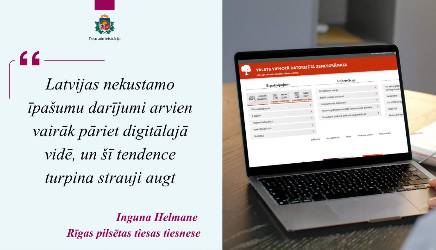Attēlā redzams datora ekrāns ar atvēru elektronisko zemesgrāmatu un tienseses komentārs"Latvijas nekustamo īpašumu darījumi arvien vairāk pāriet digitālajā vidē, un šī tendence turpina strauji augt"