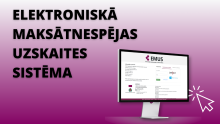 Attēlā redzams uzraksts Elektroniskās maksātnespējas uzskaites sistēma un Dators, kur atvērta šī sistēma (EMUS)