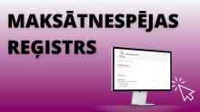 Attēlā redzams teksts "Maksātnespējas reģistrs", dators, kur kura ir atvērts maksātnespējas reģistrs uzņēmuma reģistra vietnē