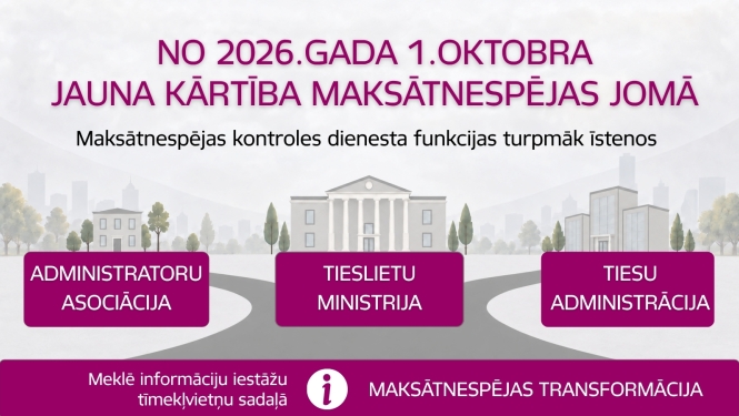 Attēlā attēlots ka Maksātnespējas kontroles dienesta funkcijas pārņems Tieslietu ministrija, Tiesu administrācija un Administratoru asociācija