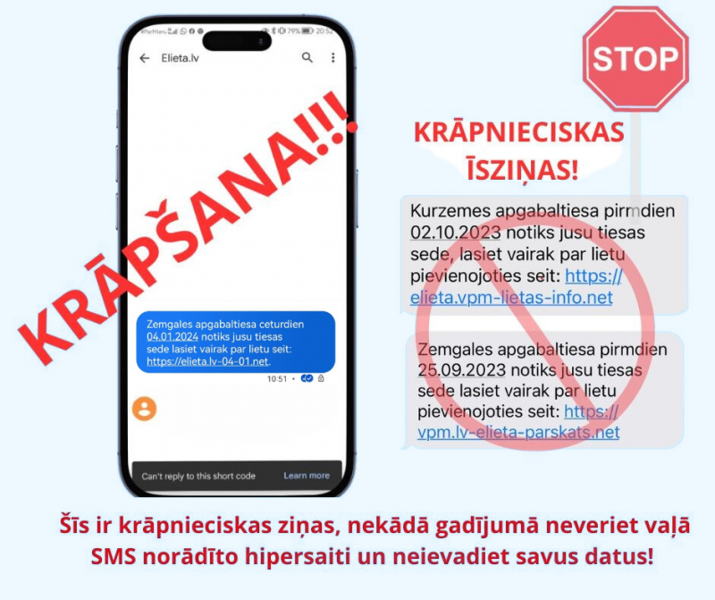 Attēlā redzams vizuālis, kurš brīdina iedzīvotājus, ka tiek izsūtītas krāpnieciska satura īsziņas