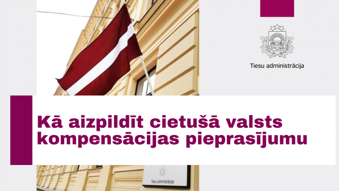 Attēlā ir redzama Tiesu administrācijas ēka ar Latvijas karogu un jautājumu: Kā aizpildīt cietušā valsts kompensācijas pieprasījumu.