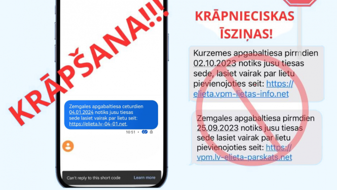 Attēlā redzams vizuālis, kurš brīdina iedzīvotājus, ka tiek izsūtītas krāpnieciska satura īsziņas