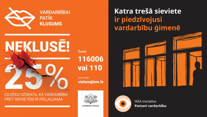 Attēlā attēlots akcijas vizuālis "Pamani vardarbību! Vardarbībai patīk klusums!"