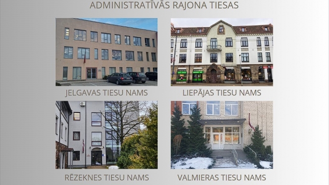 Attēlā redzami Jelgavas, Liepājas, Rēzeknes un Valmieras tiesu nami. 