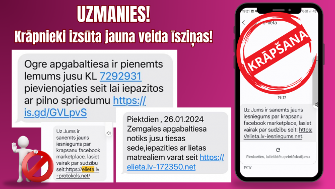 Attēlā attēlots brīdinājums ar izsaukuma zīmi, ka krāpnieki izplata viltus īsziņas