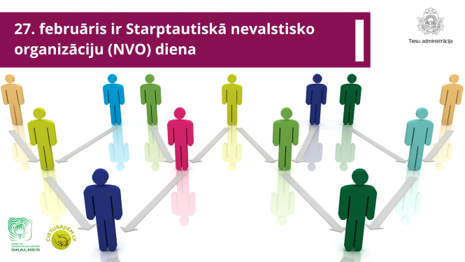 Attēlā redzamas cilvēku figūras dažādās krāsās, redzami Tiesu administrācijas, skalbes un cietušajiem.lv logo