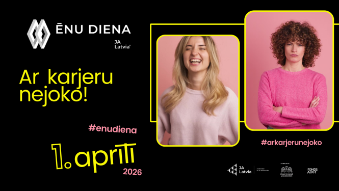 Attēlā redzamas divas sievietes un aicinājums pieteikties 1. aprīlim