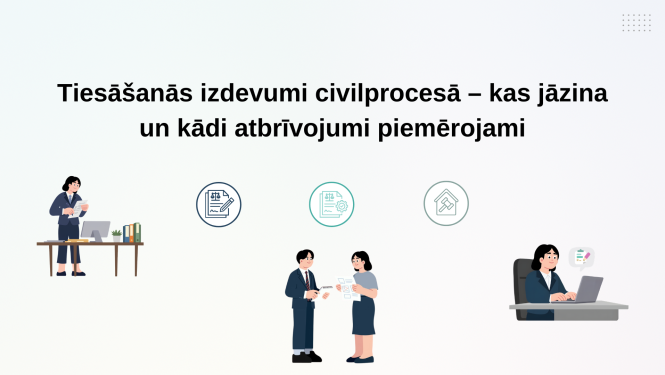Attēlā redzams raksta nosaukums, galds, cilvēki un teksts: "Tiesāšanās izdevumi civilprocesā – kas jāzina un kādi atbrīvojumi piemērojami"