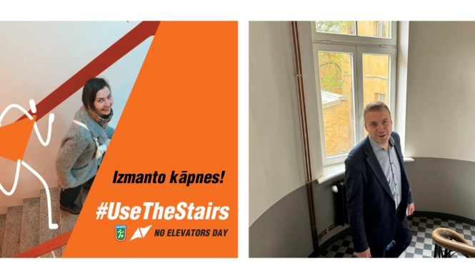 Attēlā attēlots aicinājums izmantot kāpnes lifta vietā.