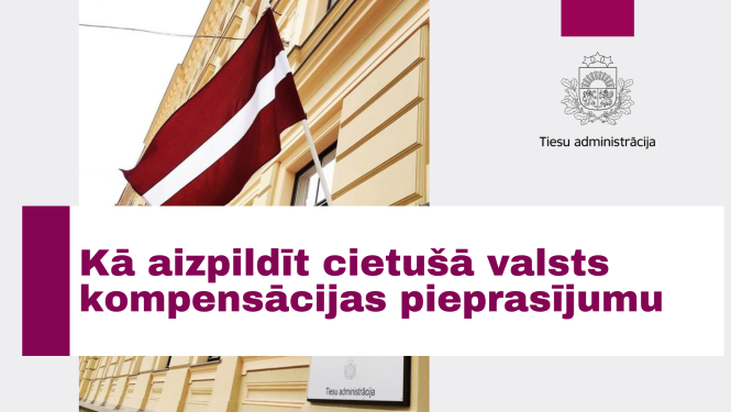 Attēlā ir redzama Tiesu administrācijas ēka ar Latvijas karogu un jautājumu: Kā aizpildīt cietušā valsts kompensācijas pieprasījumu.