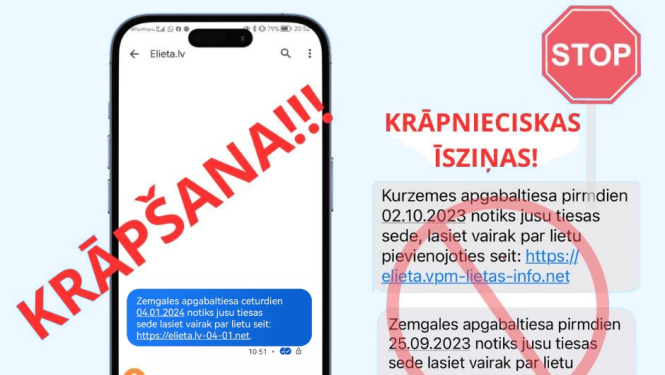 Attēlā redzams vizuālis, kurš brīdina iedzīvotājus, ka tiek izsūtītas krāpnieciska satura īsziņas