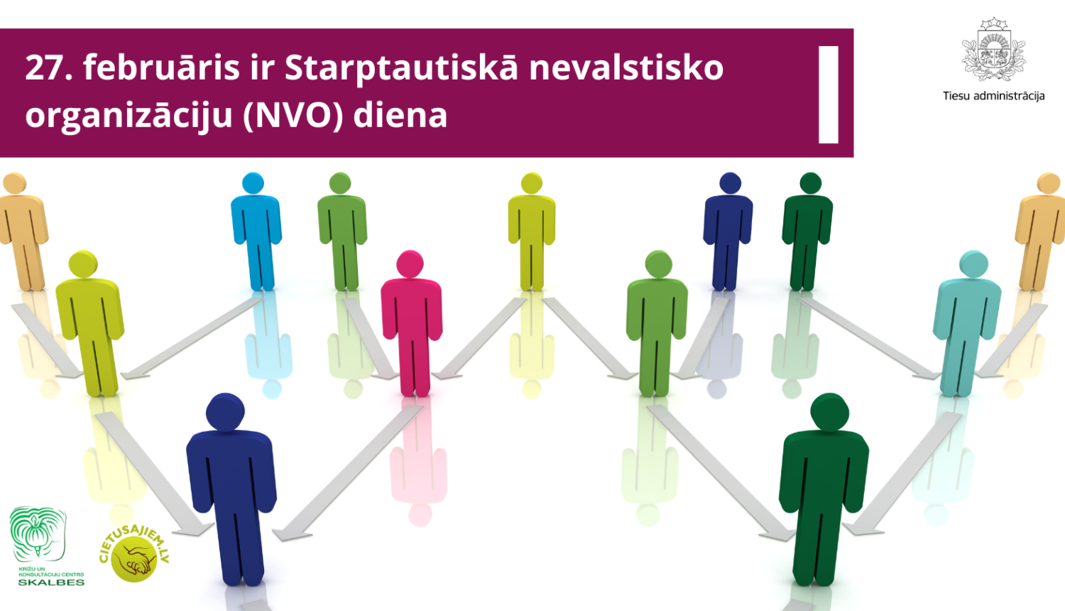 Attēlā redzamas cilvēku figūras dažādās krāsās, redzami Tiesu administrācijas, skalbes un cietušajiem.lv logo