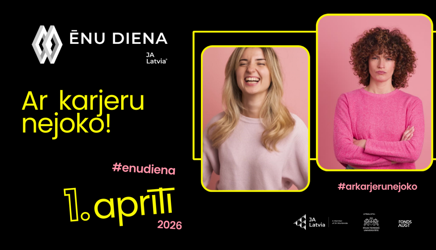 Attēlā redzamas divas sievietes un aicinājums pieteikties 1. aprīlim