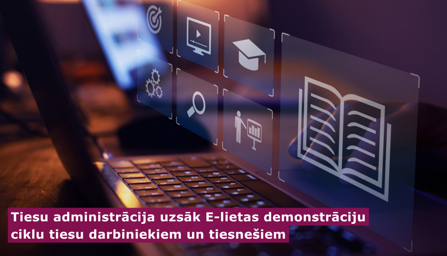 Attēlā redzams raksta nosaukums un fomā datora klaviatūra, datorā atvērtu grāmatu, cepuri un lupu.