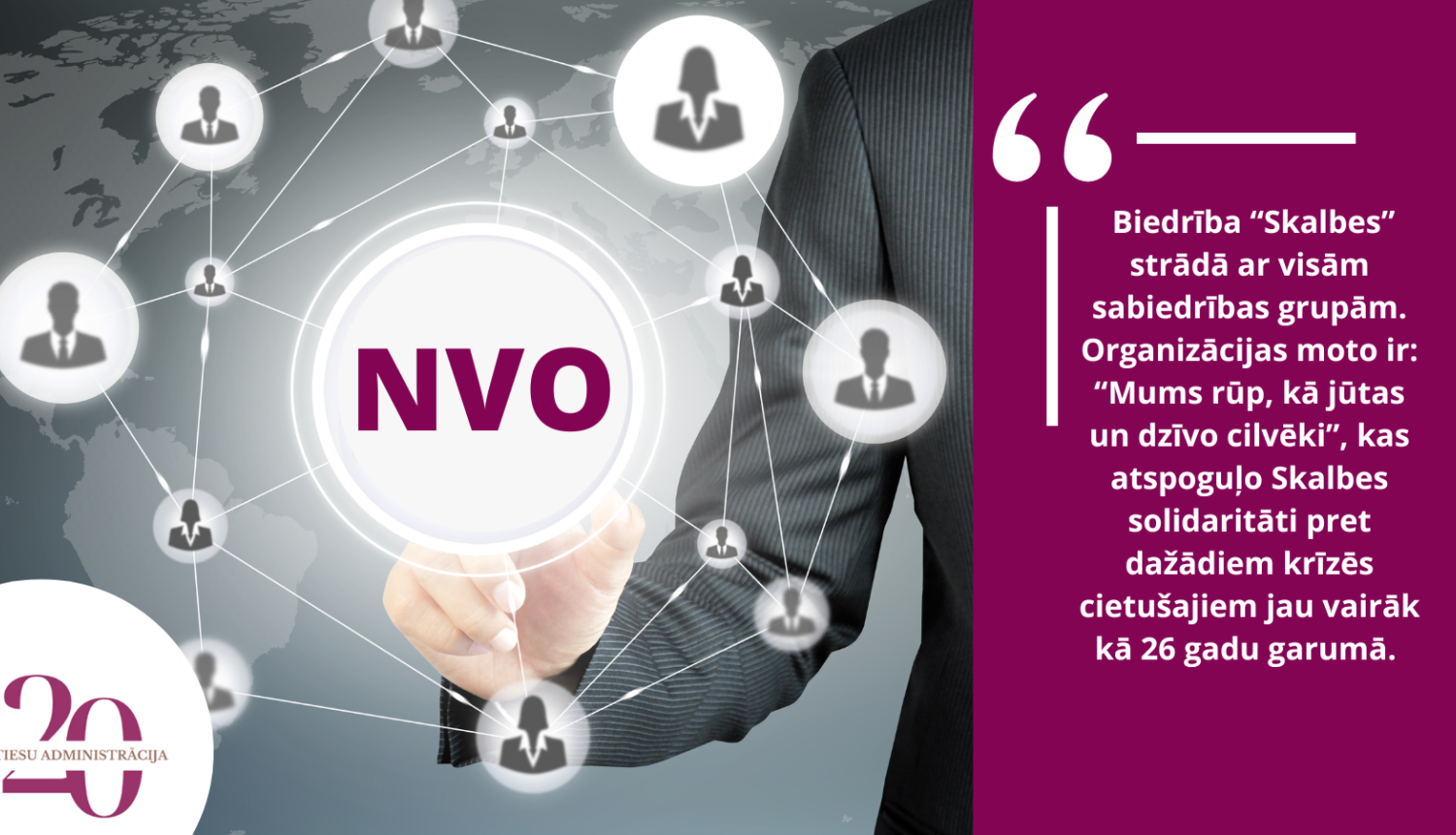 Attēlā attēlots vizuālis, kurā redzams nevalstisko organizāciju saīsinājums kā tīkls, kas ir pa vidu cilvēkiem